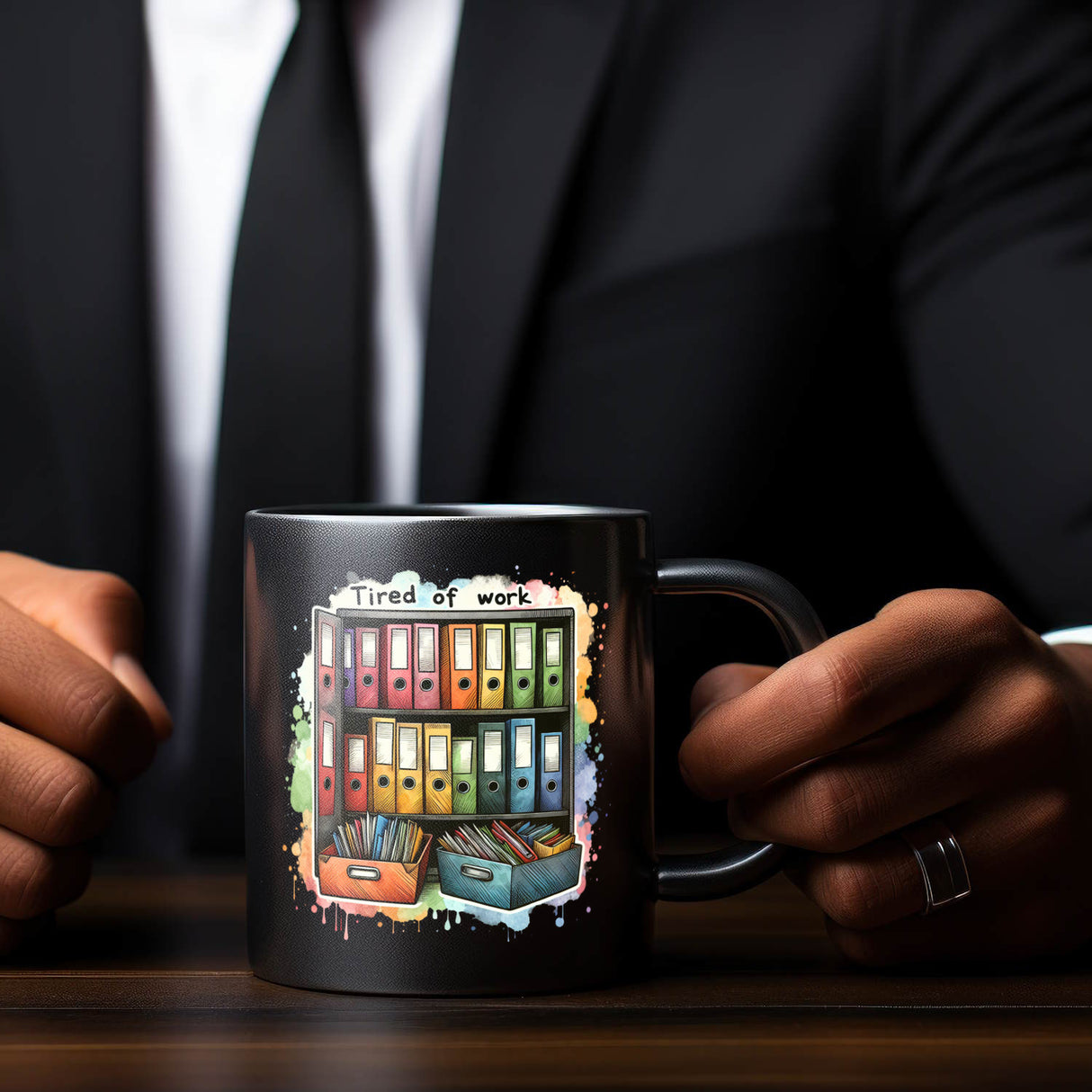 Aktenordner im Büro Tasse in Schwarz mit Spruch Tired of work