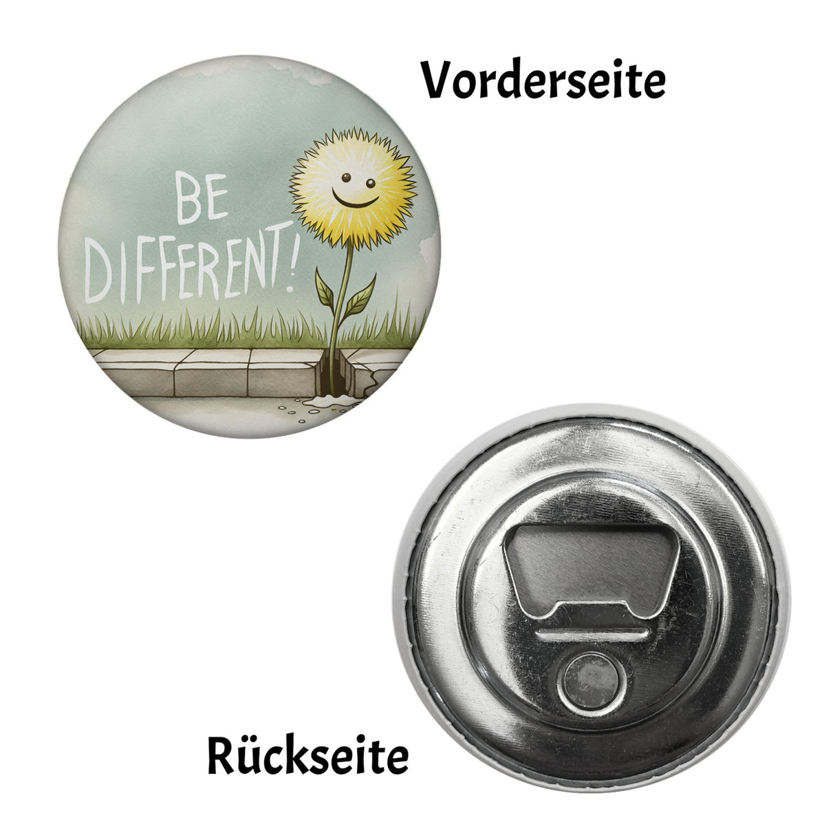 Lächelnder Löwenzahn Magnet rund mit Spruch Be different