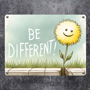 Lächelnder Löwenzahn Metallschild in 15x20 cm mit Spruch Be different
