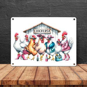 Modische Hühner am Hühnerstall Metallschild in 15x20 cm mit Spruch Chickeria