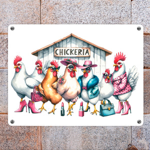 Modische Hühner am Hühnerstall Metallschild in 15x20 cm mit Spruch Chickeria