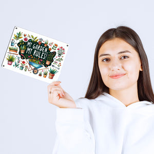 Schubkarre im Garten Metallschild in 15x20 cm mit Spruch My Garden, My Rules!