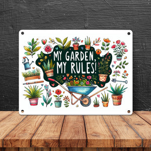 Schubkarre im Garten Metallschild in 15x20 cm mit Spruch My Garden, My Rules!