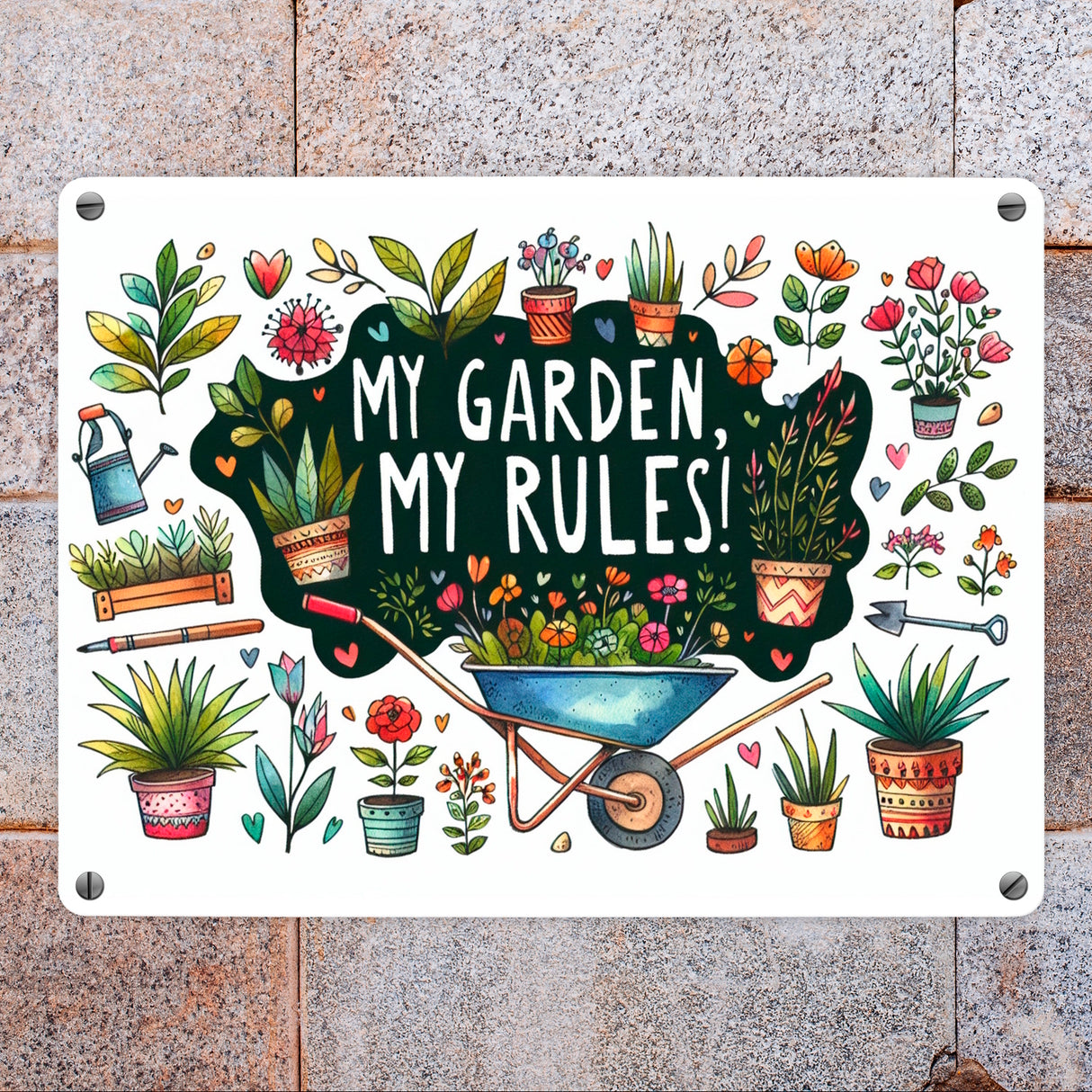 Schubkarre im Garten Metallschild in 15x20 cm mit Spruch My Garden, My Rules!