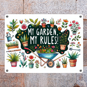 Schubkarre im Garten Metallschild in 15x20 cm mit Spruch My Garden, My Rules!