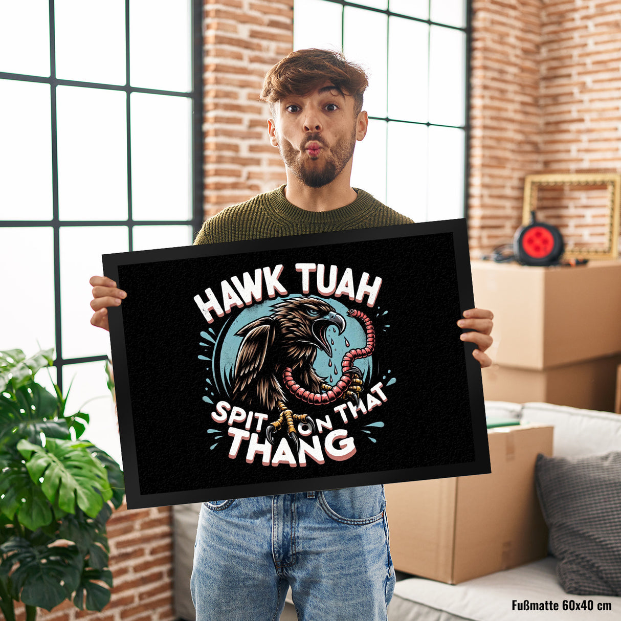 Hawk Tuah Falke mit Regenwurm Fußmatte in 35x50 cm mit Spruch Spit on that thang