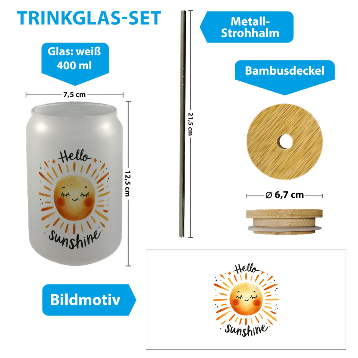 Sonne Freundschaft Trinkglas mit Bambusdeckel mit Spruch Hello sunshine