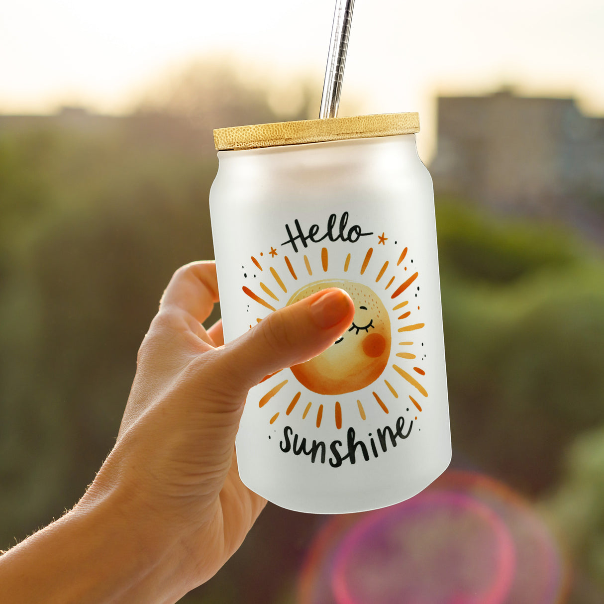 Sonne Freundschaft Trinkglas mit Bambusdeckel mit Spruch Hello sunshine