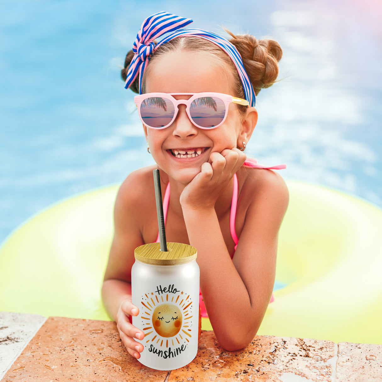Sonne Freundschaft Trinkglas mit Bambusdeckel mit Spruch Hello sunshine