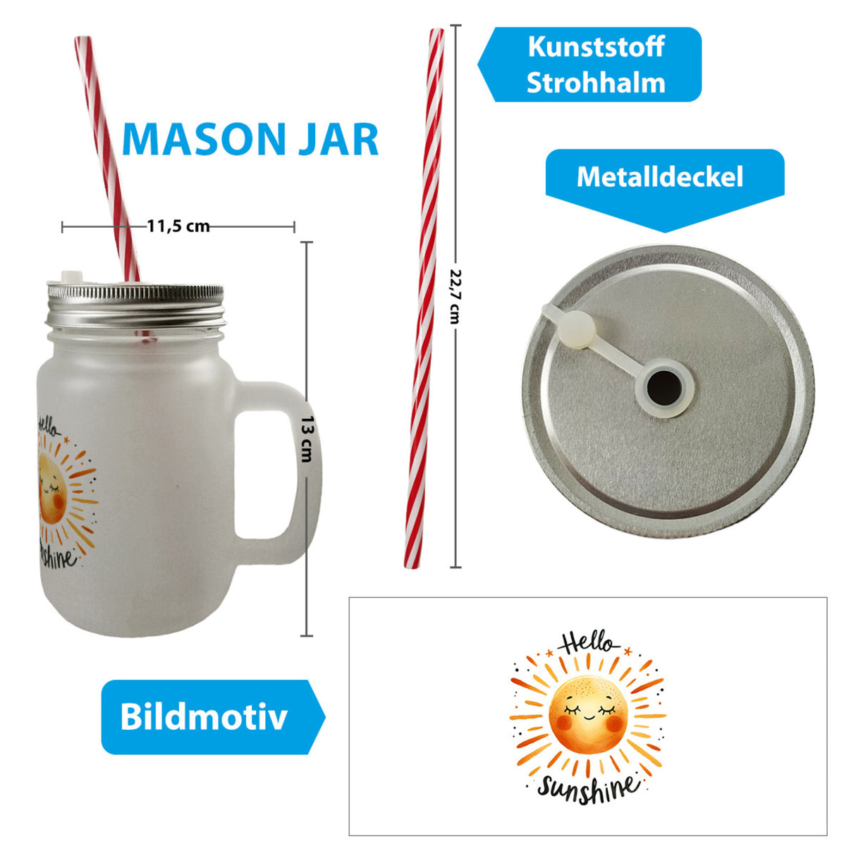 Sonne Freundschaft Trinkglas mit Bambusdeckel mit Spruch Hello sunshine