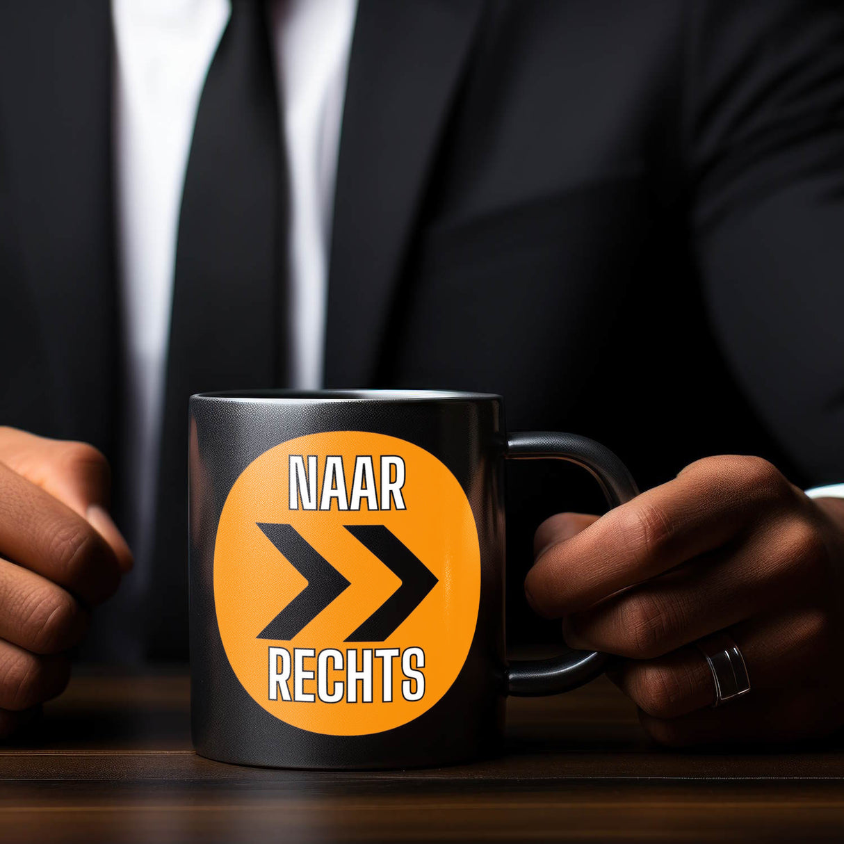 Holland Fangesang Tasse in Schwarz mit Spruch Naar Links - Naar rechts