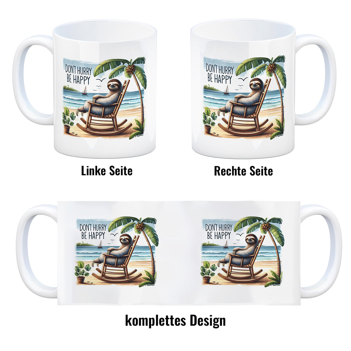 Faultier am Strand Kaffeebecher mit Spruch Don't hurry - be happy