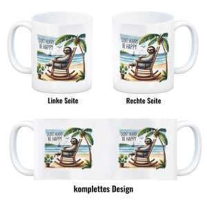 Faultier am Strand Kaffeebecher mit Spruch Don't hurry - be happy