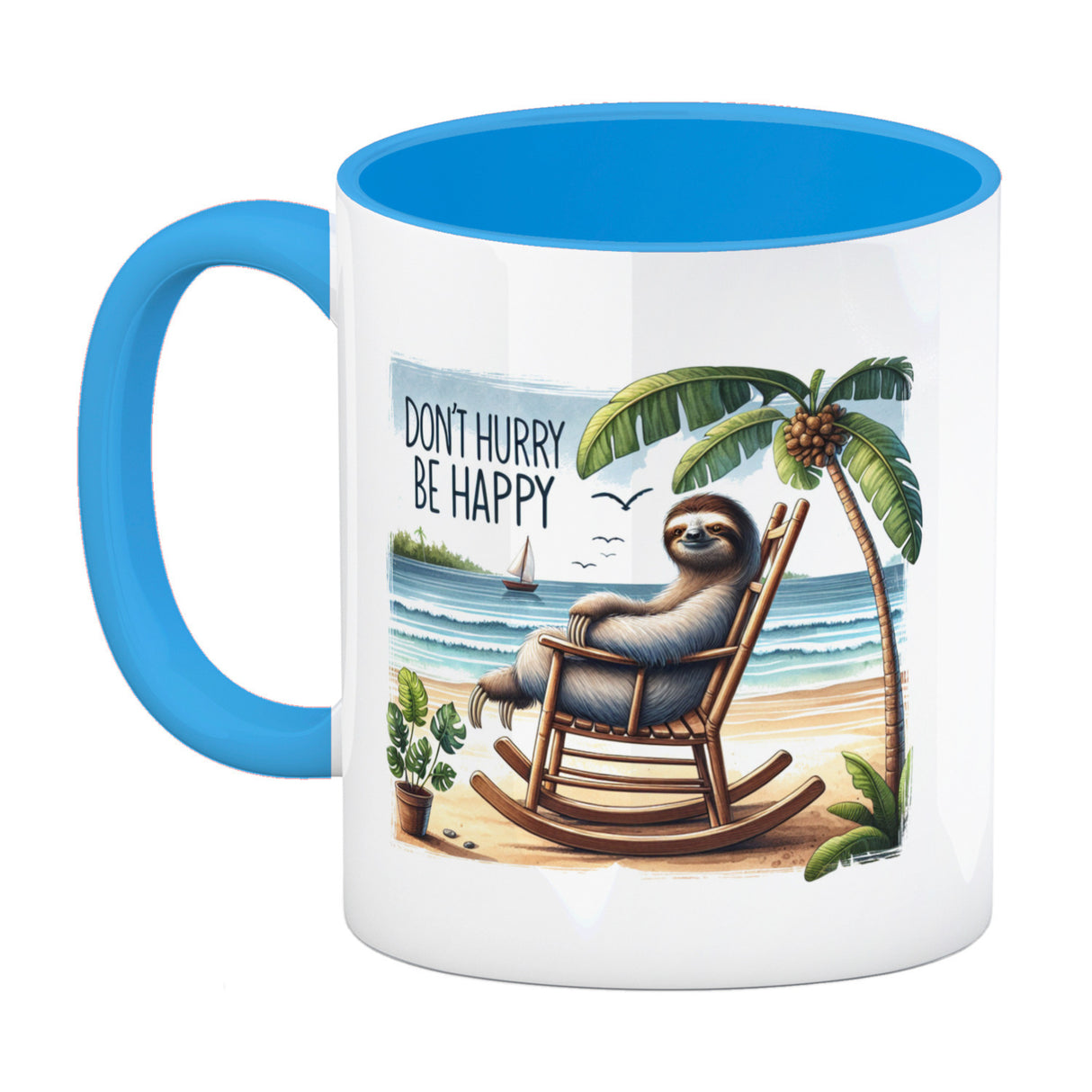 Faultier am Strand Kaffeebecher mit Spruch Don't hurry - be happy