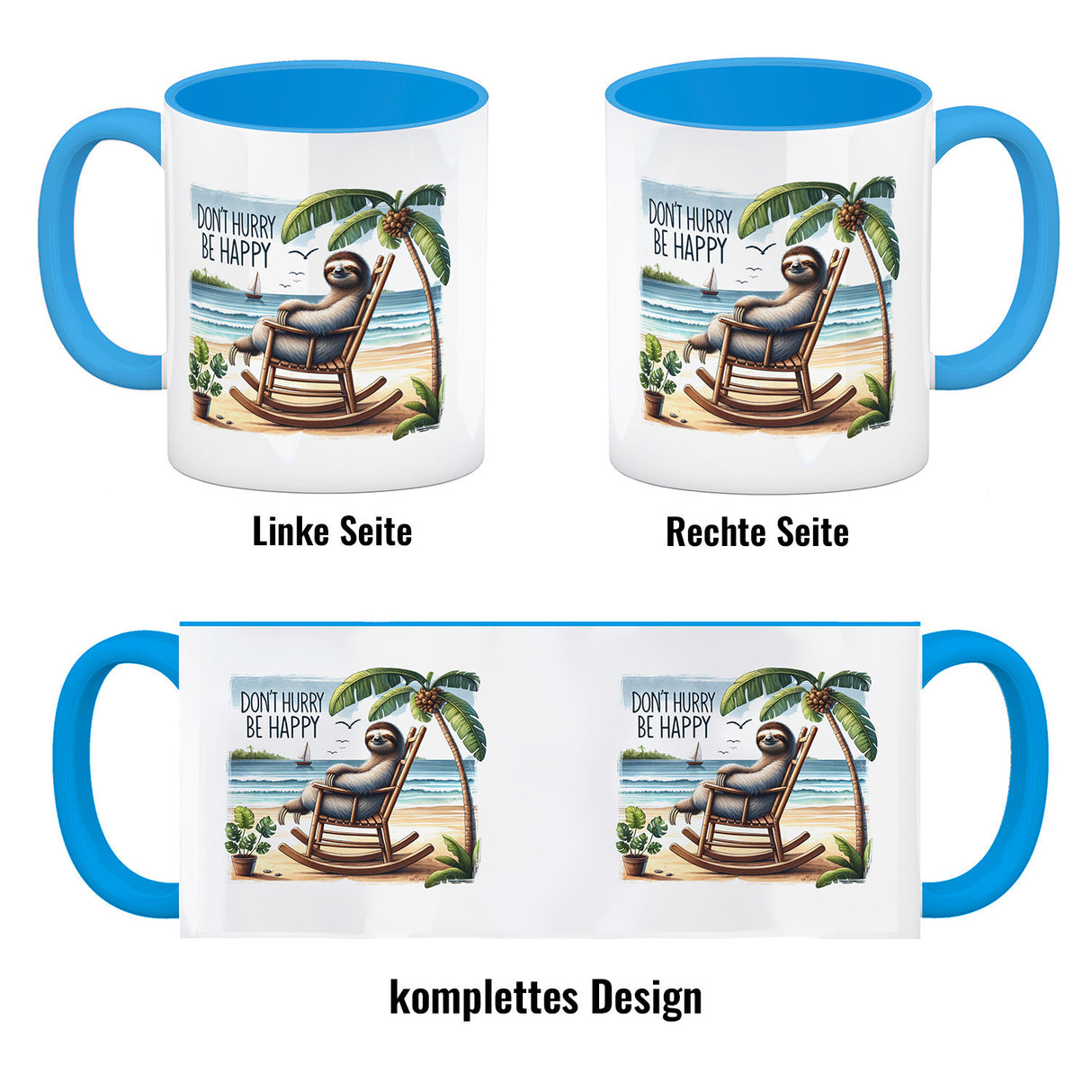 Faultier am Strand Kaffeebecher mit Spruch Don't hurry - be happy