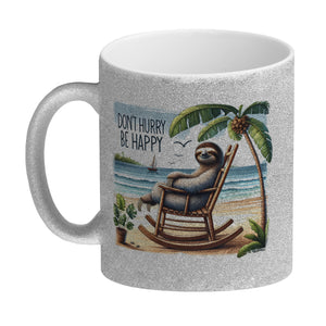 Faultier am Strand Kaffeebecher mit Spruch Don't hurry - be happy