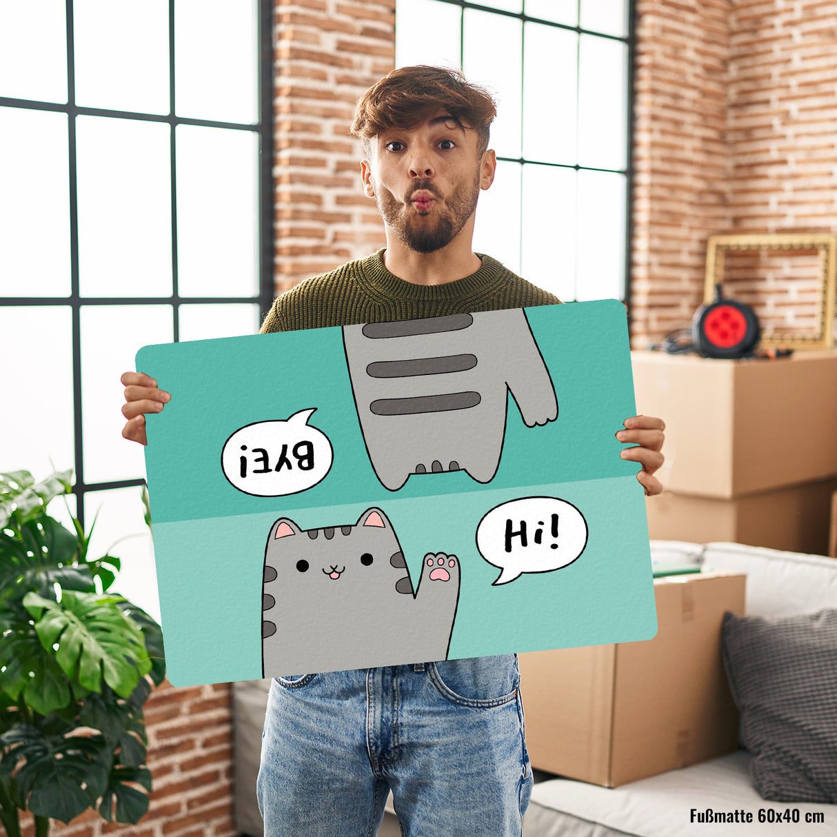 Katze kawaii Fußmatte in 35x50 cm ohne Rand mit Spruch Hi - Bye