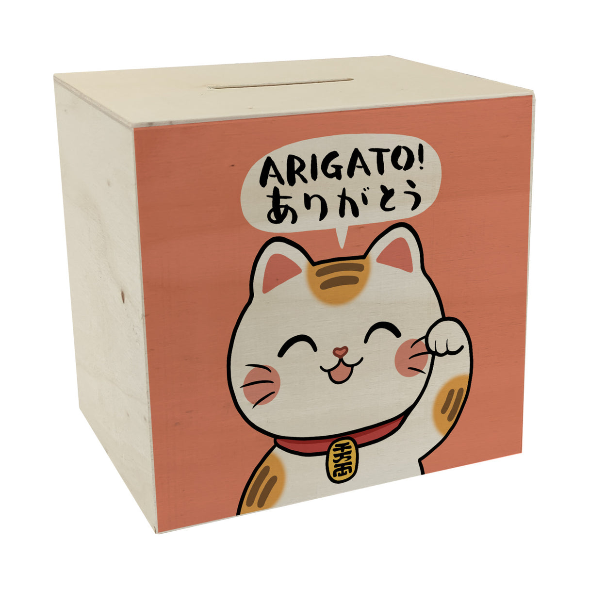 Winkekatze Spardose mit Spruch Arigato