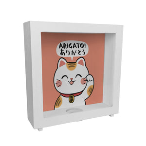 Winkekatze Spardose mit Spruch Arigato