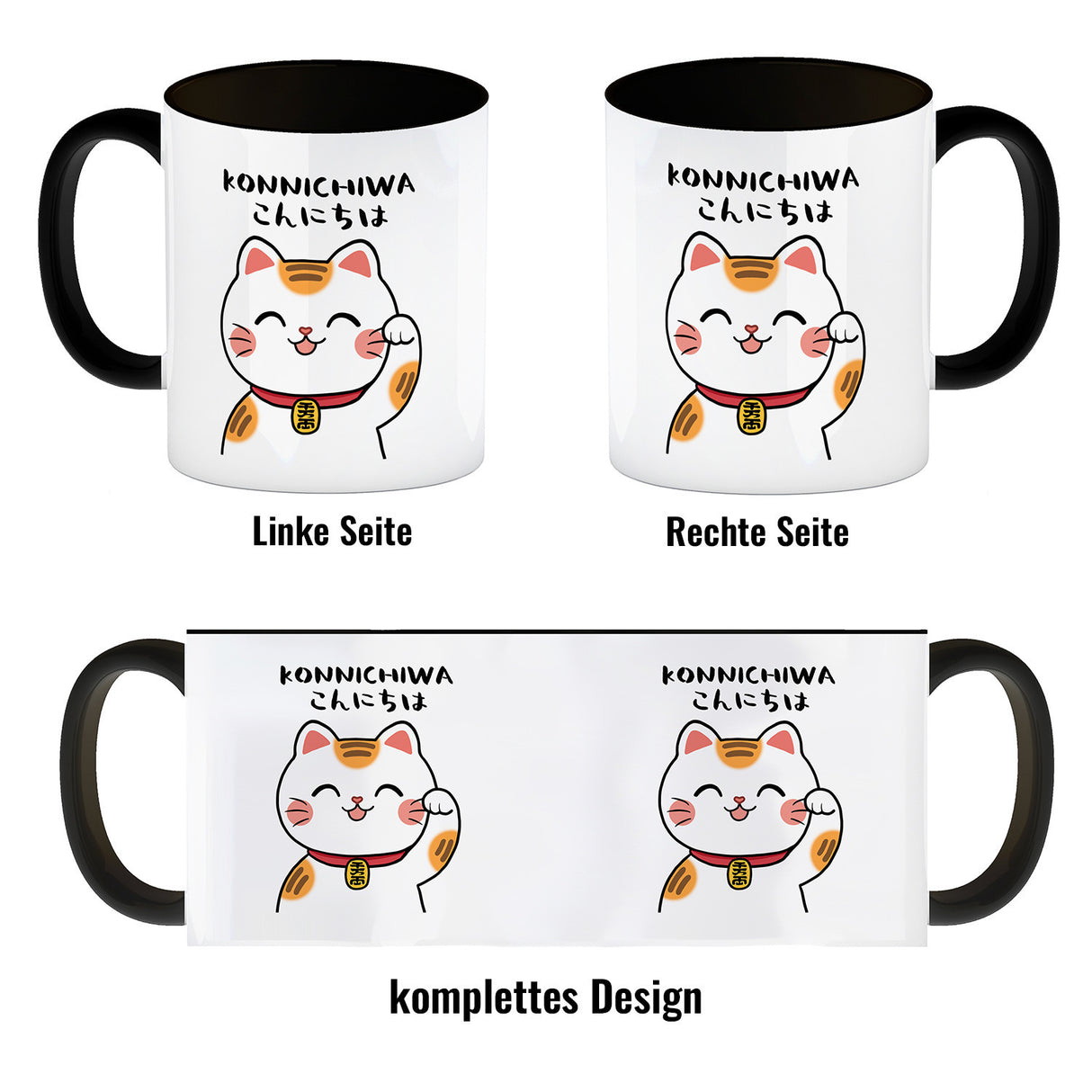 Winkekatze Kaffeebecher mit Spruch Konnichiwa