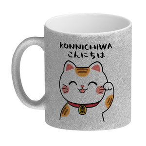 Winkekatze Kaffeebecher mit Spruch Konnichiwa