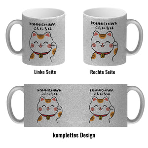 Winkekatze Kaffeebecher mit Spruch Konnichiwa