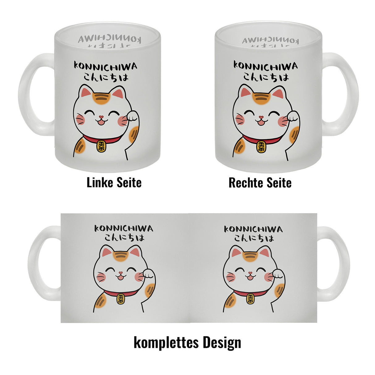 Winkekatze Kaffeebecher mit Spruch Konnichiwa
