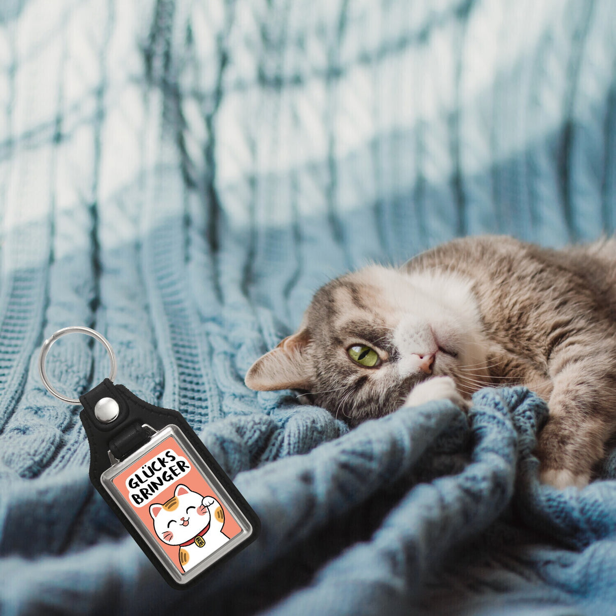 Winkekatze Schlüsselanhänger mit Spruch Glücksbringer