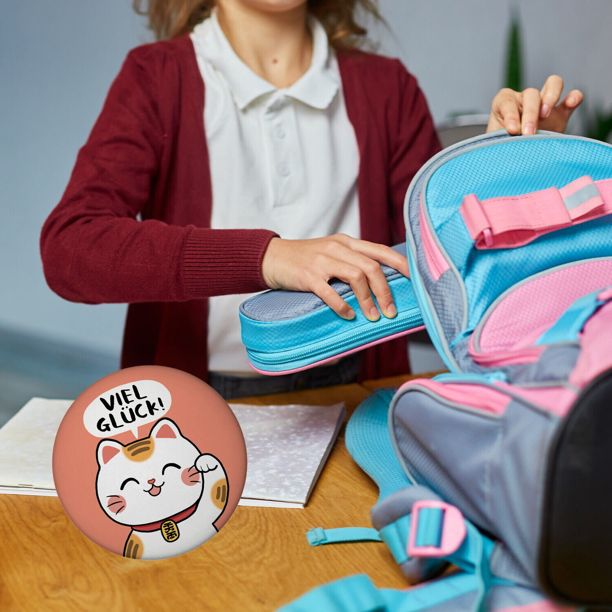 Winkekatze Magnet rund mit Spruch Viel Glück