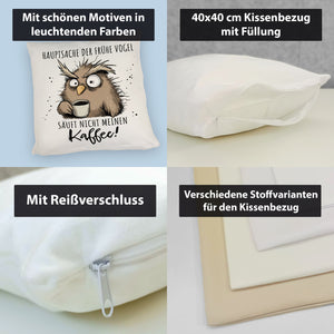 Eule Kissen mit Spruch Früher Vogel soll nicht Kaffee saufen