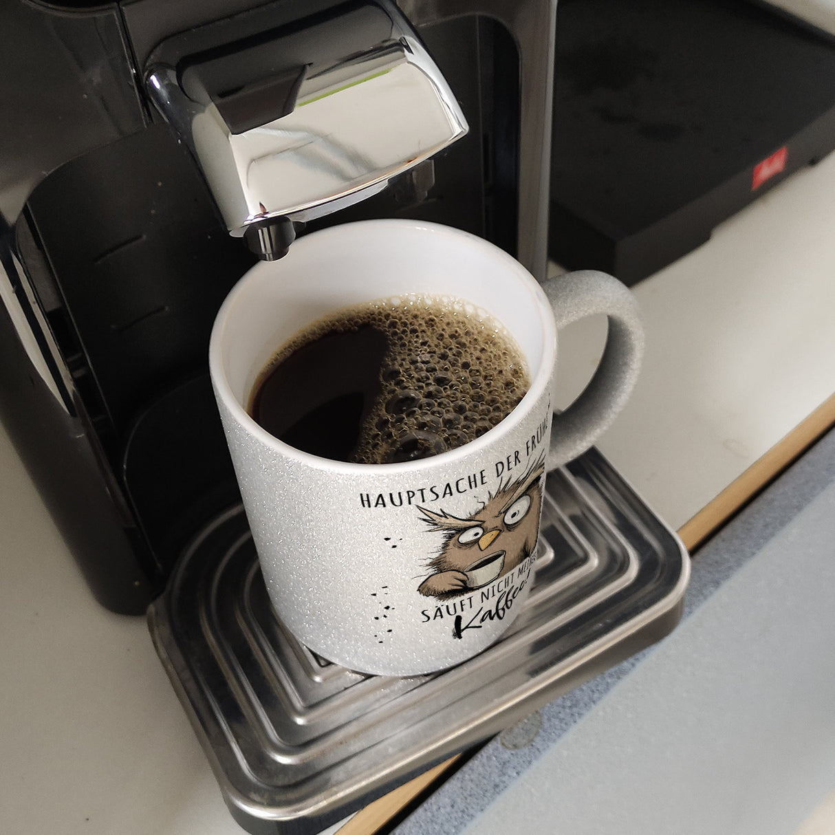 Eule Kaffeebecher mit Spruch Früher Vogel soll nicht Kaffee saufen