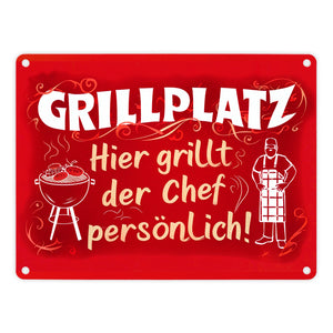 Grillplatz Metallschild in 15x20 cm - Chef grillt persönlich