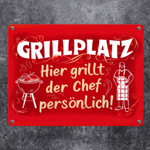 Grillplatz Metallschild in 15x20 cm - Chef grillt persönlich