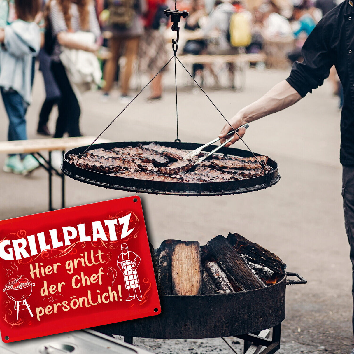 Grillplatz Metallschild in 15x20 cm - Chef grillt persönlich