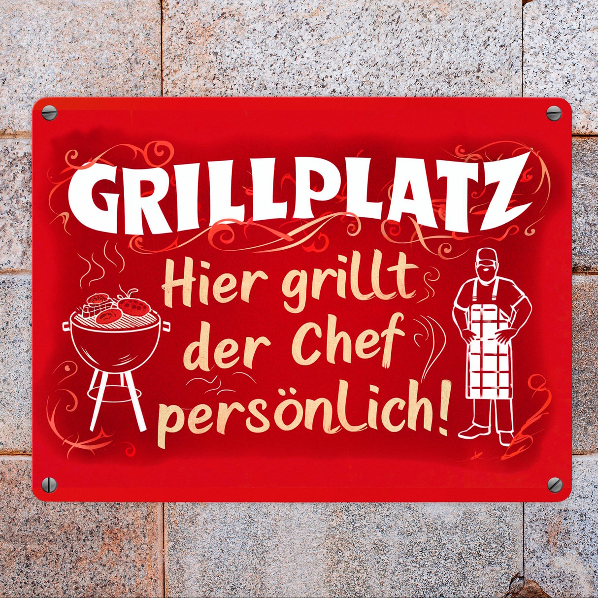 Grillplatz Metallschild in 15x20 cm - Chef grillt persönlich