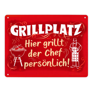 Grillplatz Metallschild in 15x20 cm - Chef grillt persönlich