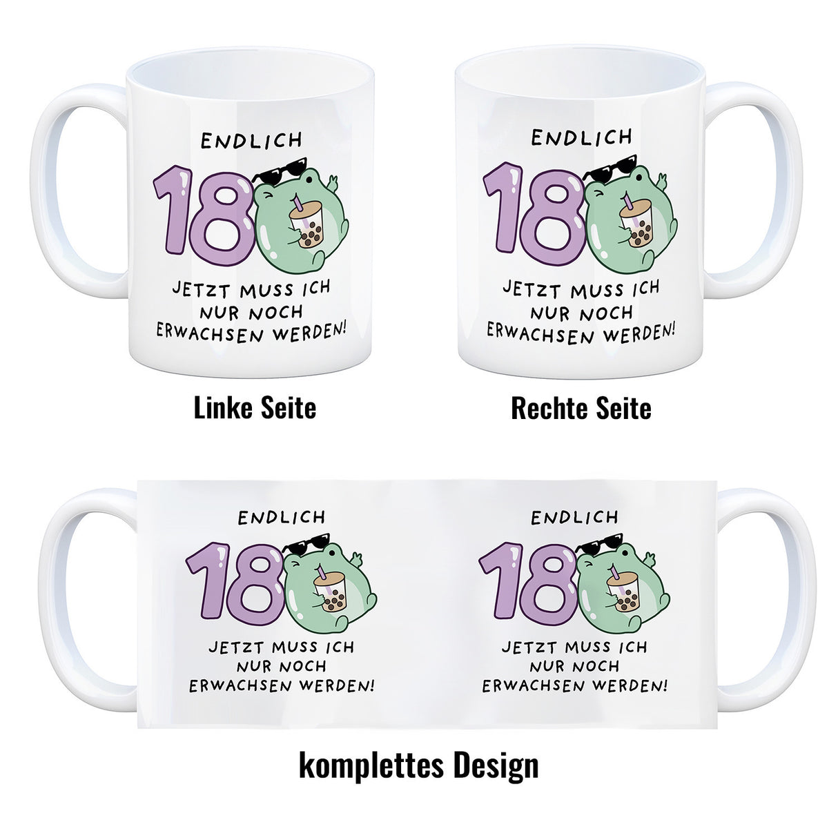 Jelly & Friends Frosch Kaffeebecher mit Spruch Endlich 18 nun erwachsen werden