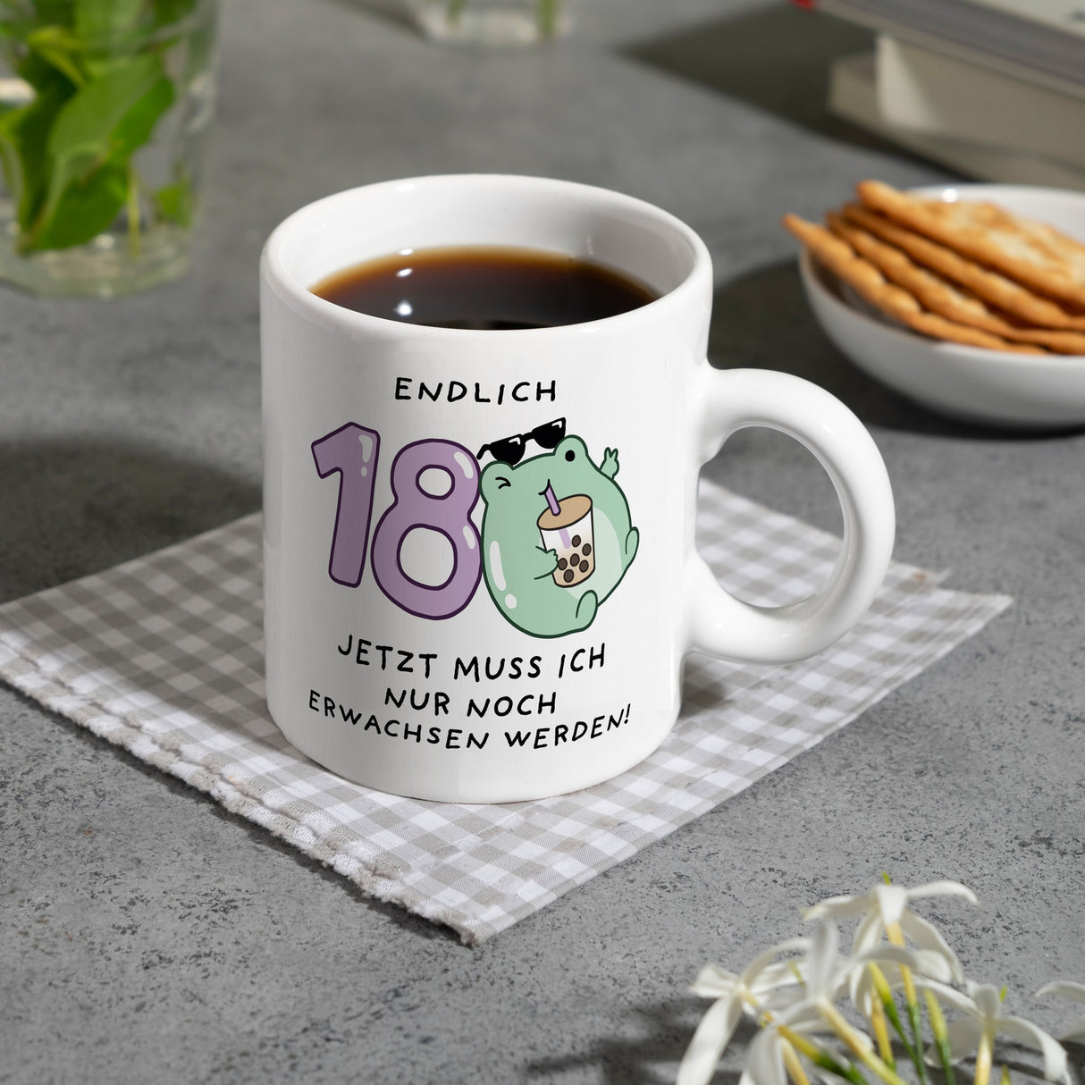 Jelly & Friends Frosch Kaffeebecher mit Spruch Endlich 18 nun erwachsen werden