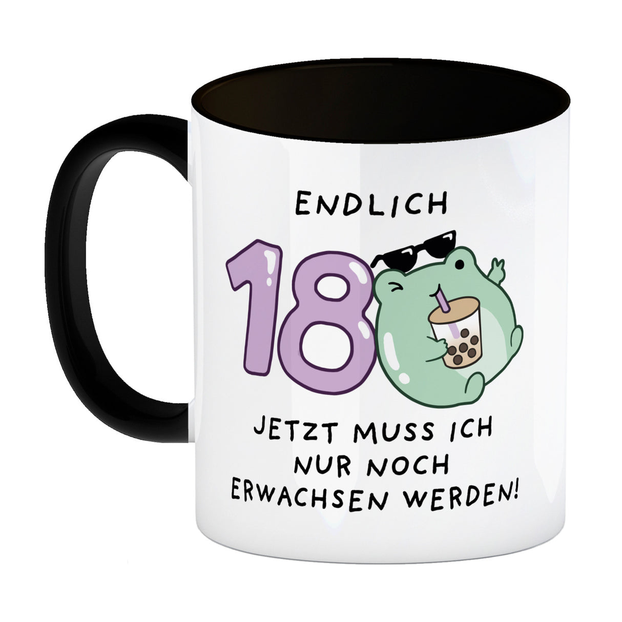 Jelly & Friends Frosch Kaffeebecher mit Spruch Endlich 18 nun erwachsen werden