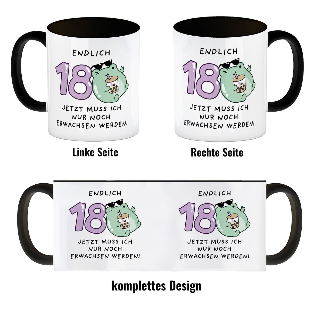 Jelly & Friends Frosch Kaffeebecher mit Spruch Endlich 18 nun erwachsen werden
