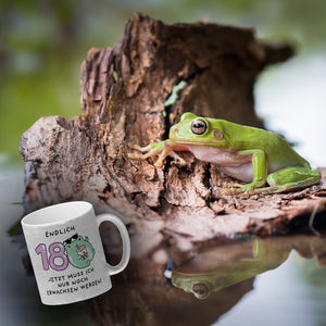 Jelly & Friends Frosch Kaffeebecher mit Spruch Endlich 18 nun erwachsen werden