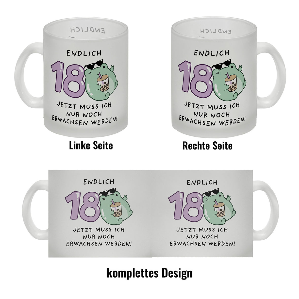 Jelly & Friends Frosch Kaffeebecher mit Spruch Endlich 18 nun erwachsen werden