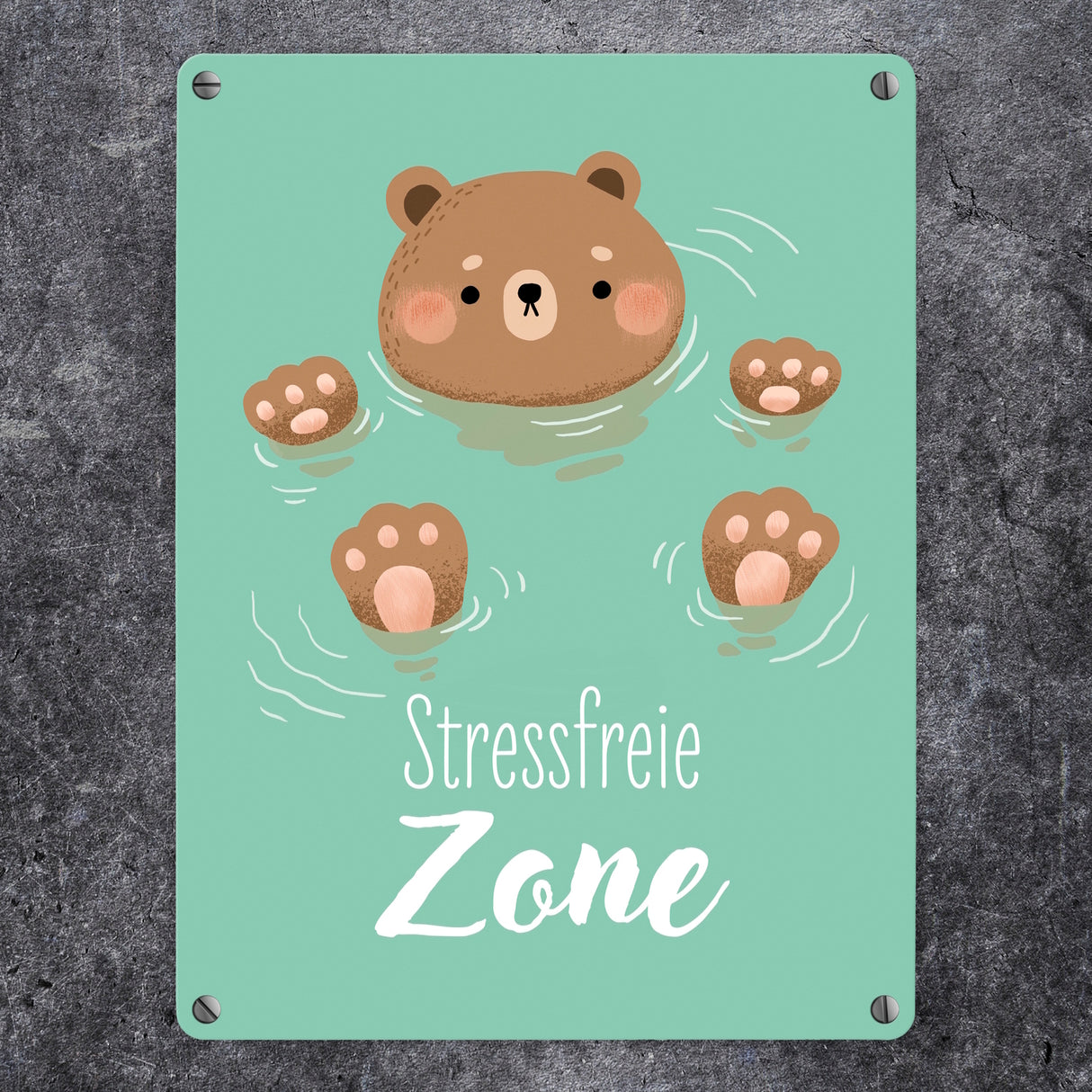Bär im Wasser Metallschild in 15x20 cm mit Spruch Stressfreie Zone