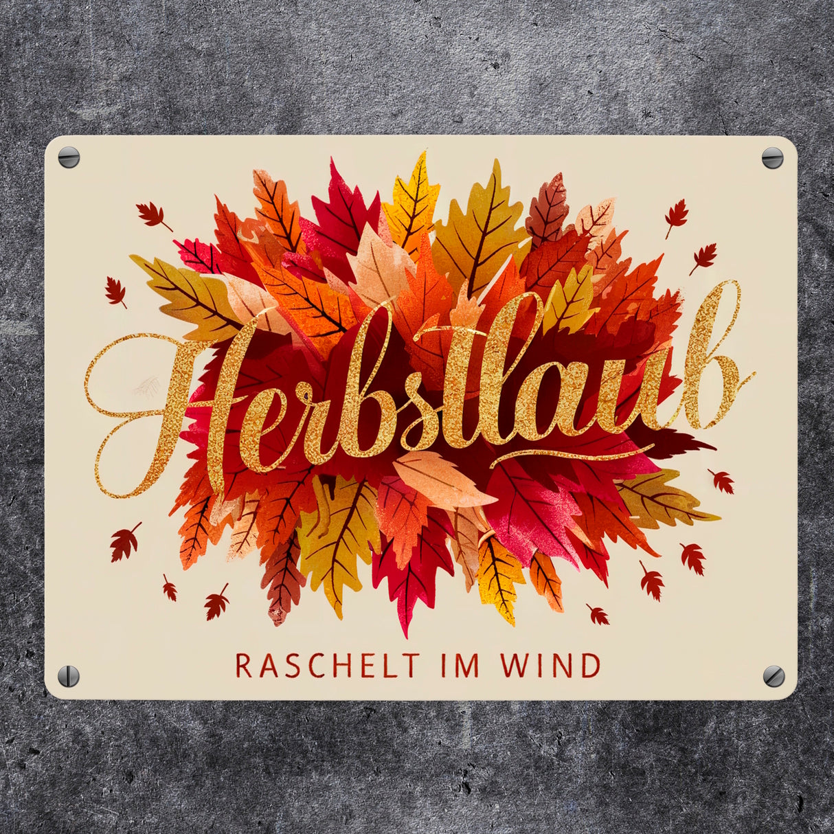 Bündel bunter Blätter Metallschild in 15x20 cm - Herbstlaub Raschelt im Wind
