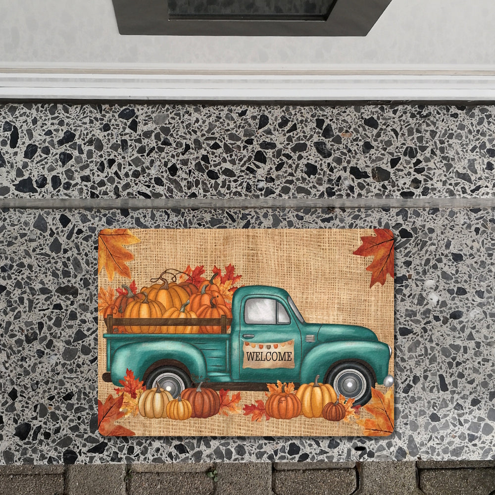 WELCOME - Türkisfarbener Lastwagen mit Kürbissen Fußmatte in 35x50 cm ohne Rand
