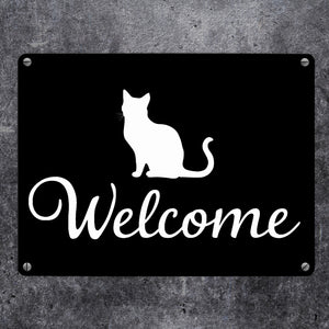 Katzen Silhouette Welcome Metallschild in 15x20 cm