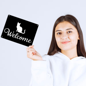 Katzen Silhouette Welcome Metallschild in 15x20 cm