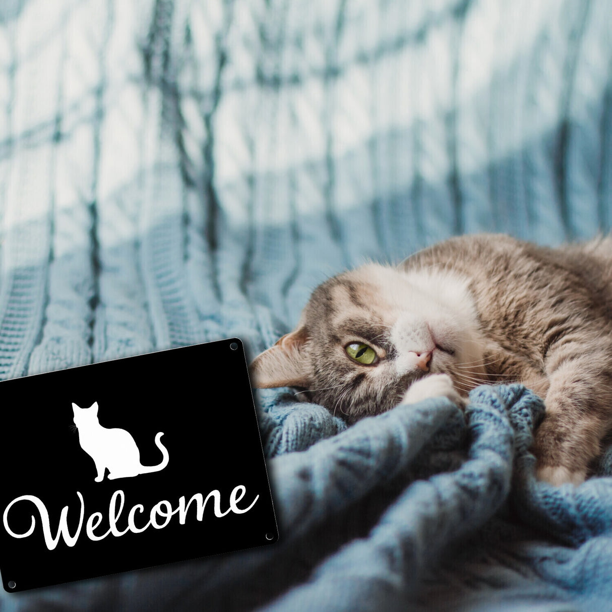 Katzen Silhouette Welcome Metallschild in 15x20 cm