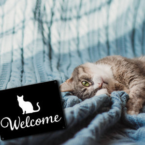 Katzen Silhouette Welcome Metallschild in 15x20 cm