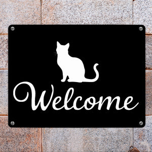 Katzen Silhouette Welcome Metallschild in 15x20 cm